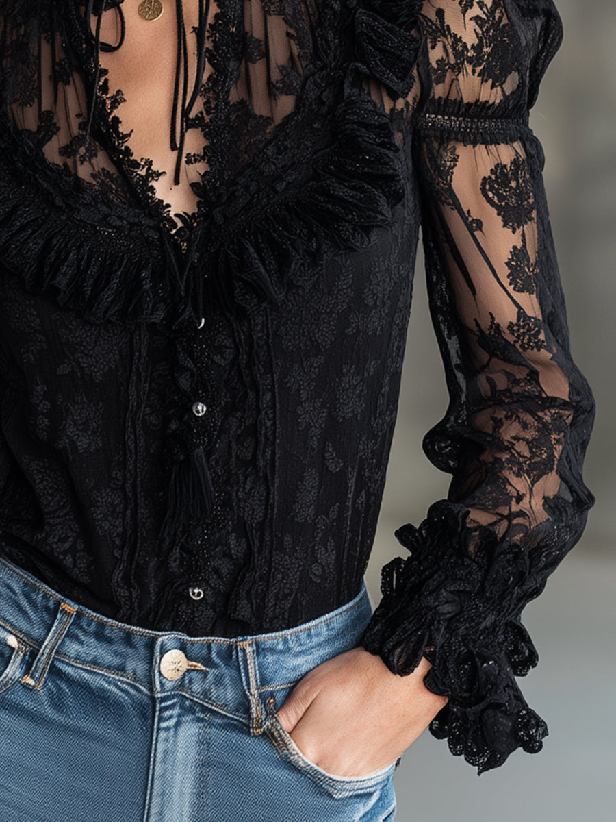 Stylish Black Lace Ruffled Button-down Shirt