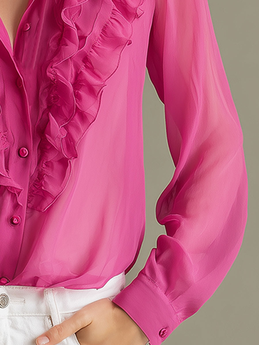 Fashionable Retro Pink Ruffled Chiffon Shirt