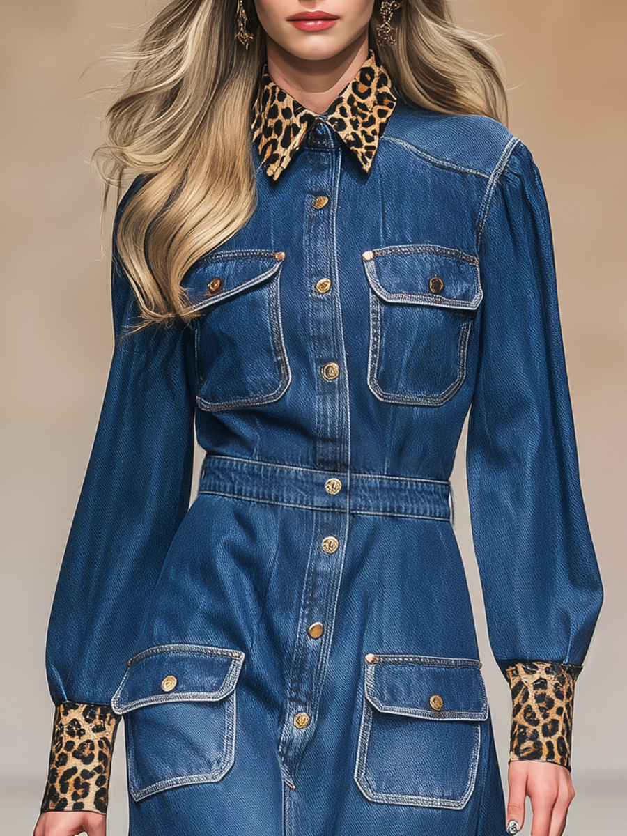 Retro Elegant Leopard Print Lapel Denim Midi Dress