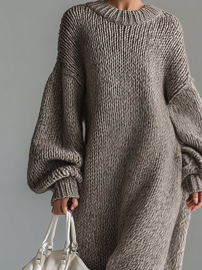 Elegant Urban Silhouette Round Neck Heathered Khaki Knitted Maxi Dress