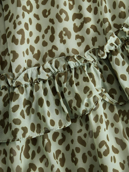 Vintage And Elegant V-neck Ruffled Leopard Print Chiffon Midi Dress