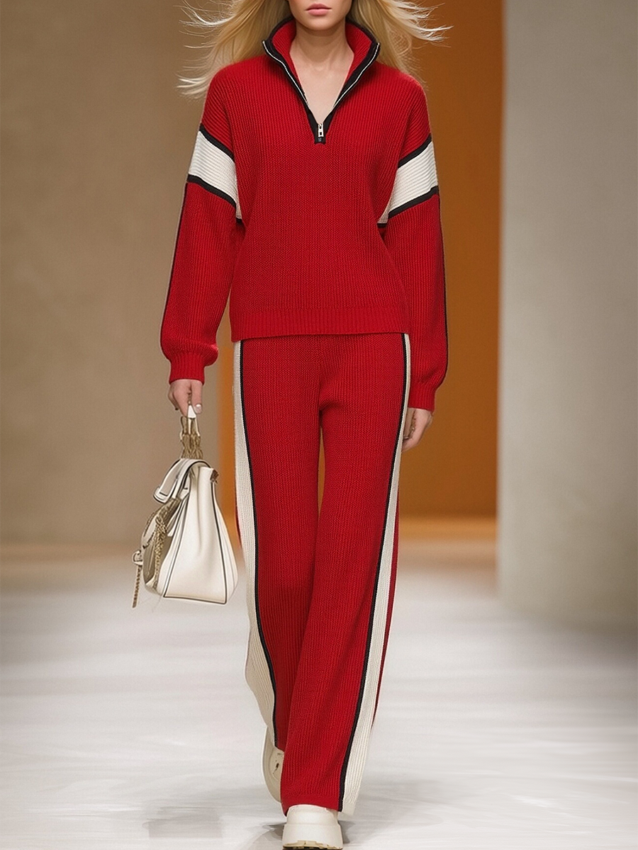 Retro Sports Style Contrast Color Knit Top And Pants Set