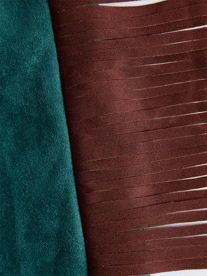 Western Green Faux Suede One-Shoulder Slit Patchwork Tassel Midi Dress