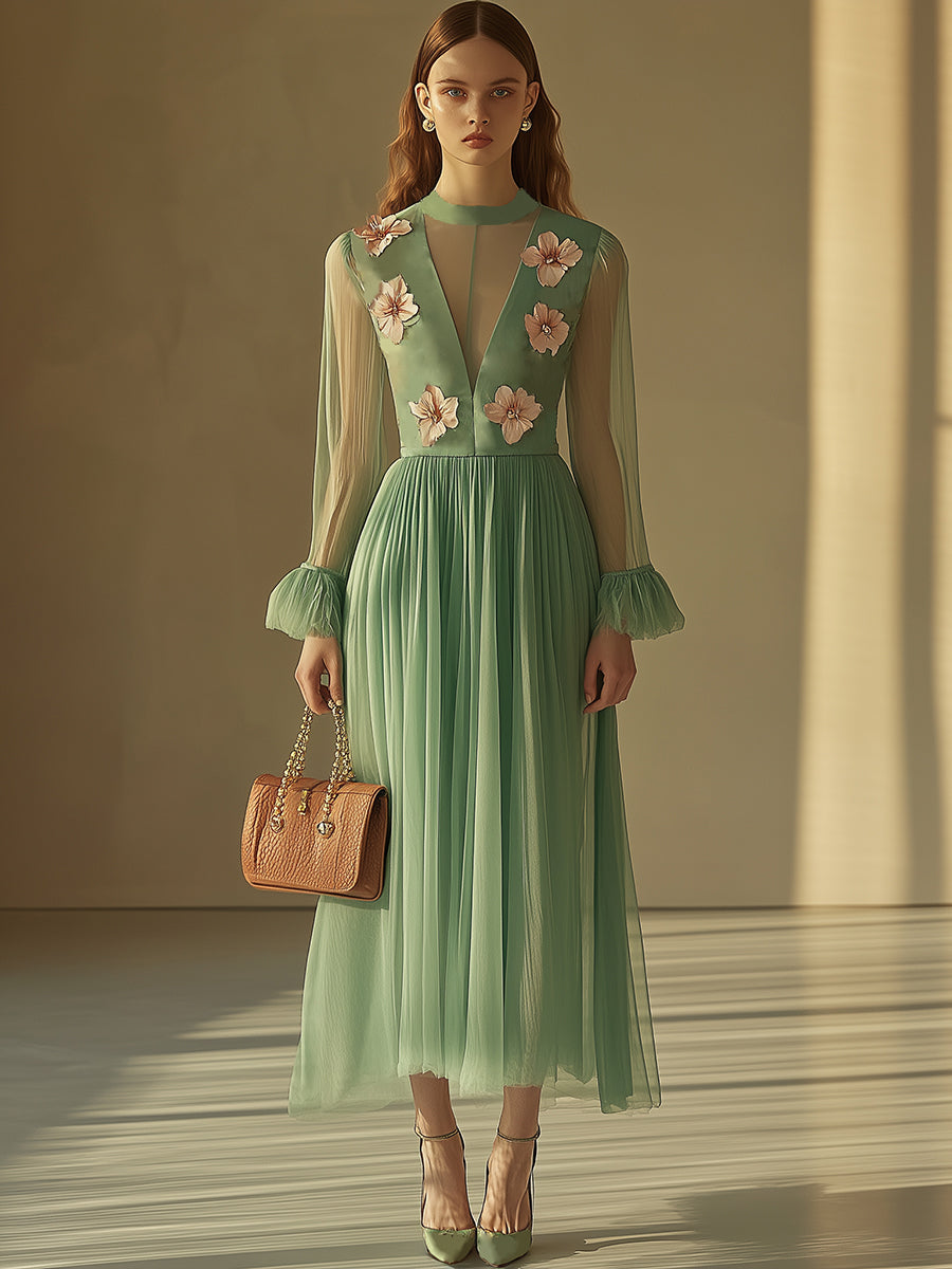 Elegant and Casual Saga Green See-through V-neck Chiffon Three-dimensional Flower Midi Dress