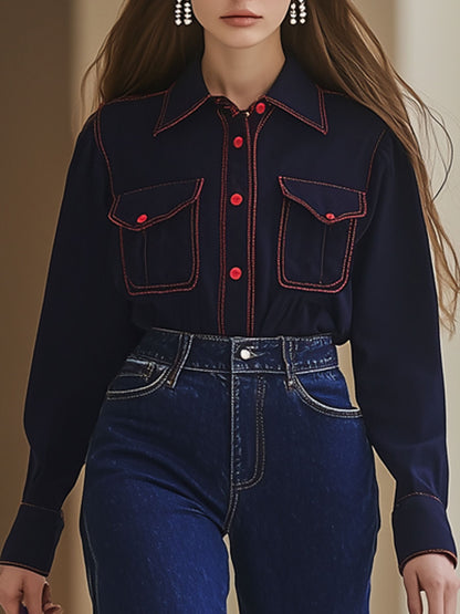 Casual Loose Retro Red Topstitched Blue Denim Long Sleeve Blouse