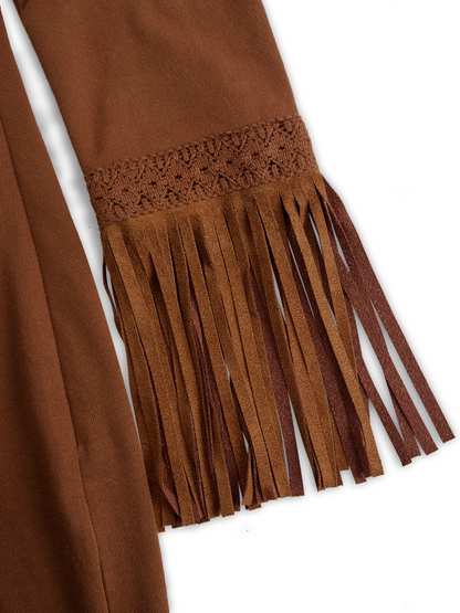 Western Retro Brick Red Cotton Long Sleeve Tassel Maxi Dress