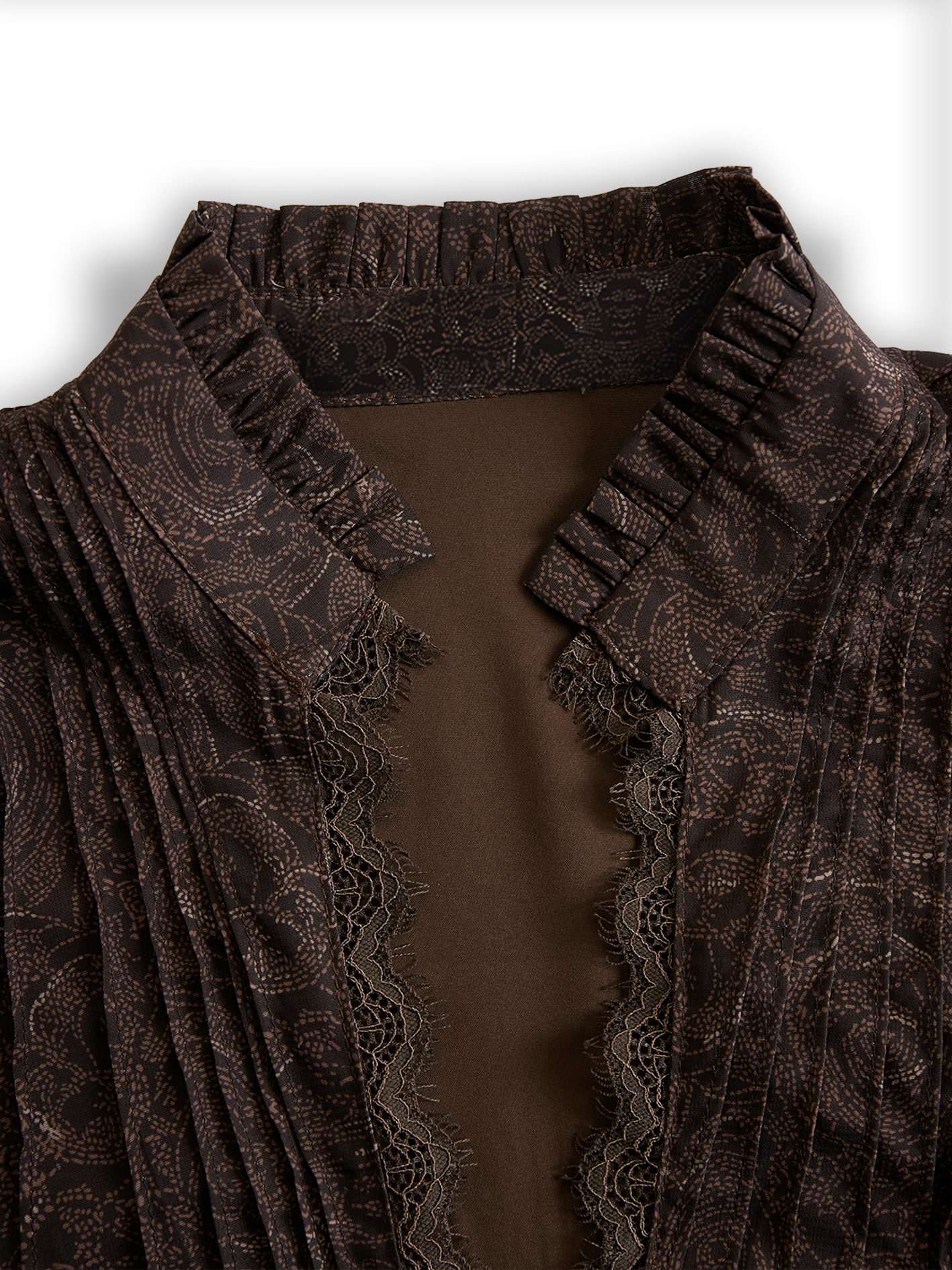 Elegant V-neck Lace Print Mocha Brown Long-sleeved Shirt