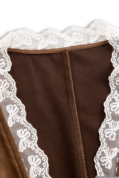 Romantic Western Style Lace Sleeves Brown Suede Shirt