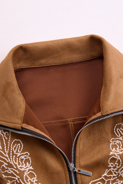 Vintage Western Style Embroidered Tassel Long Sleeve Brown Suede Mini Dress