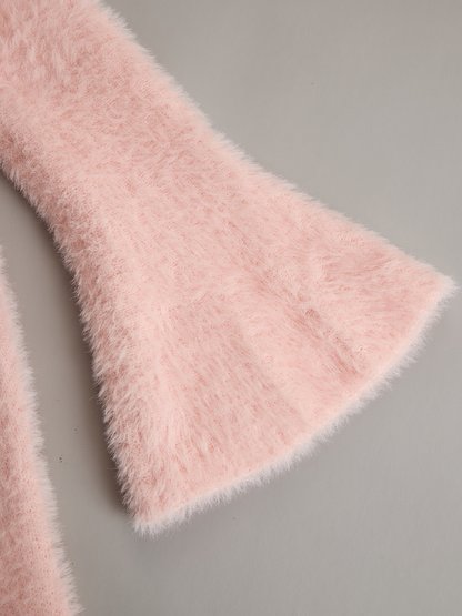 Romantic Square Neck Button Bell Sleeve Pink Seahorse Knit Mini Dress