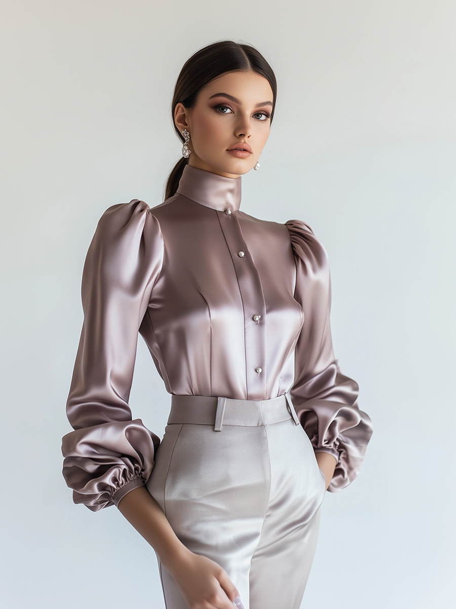 Elegant Satin Stand Collar Balloon Sleeve Shirt