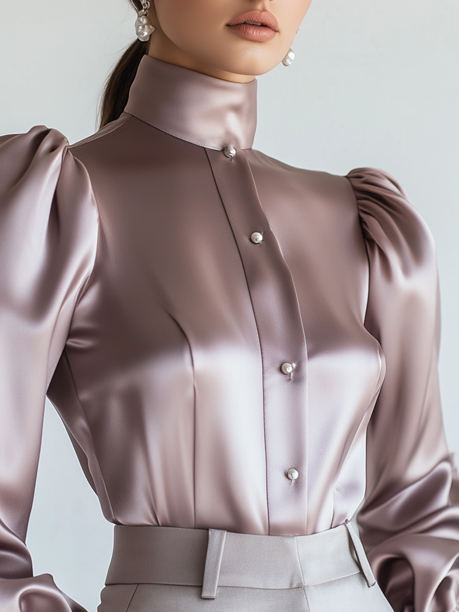 Elegant Satin Stand Collar Balloon Sleeve Shirt