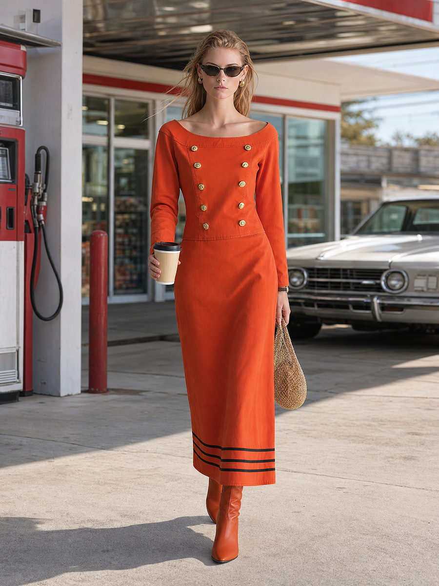 Retro Orange-red Off-shoulder Double-breasted Nautical-style Long Denim Dress