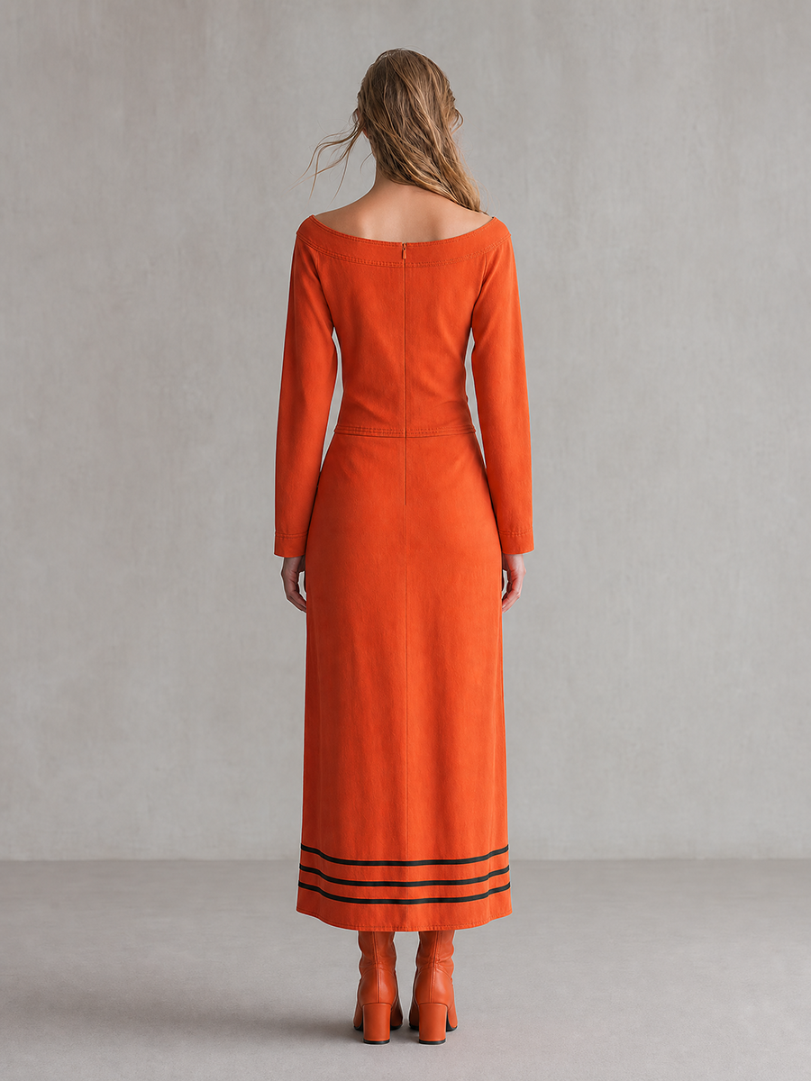 Retro Orange-red Off-shoulder Double-breasted Nautical-style Long Denim Dress