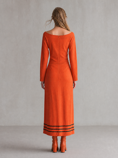Retro Orange-red Off-shoulder Double-breasted Nautical-style Long Denim Dress