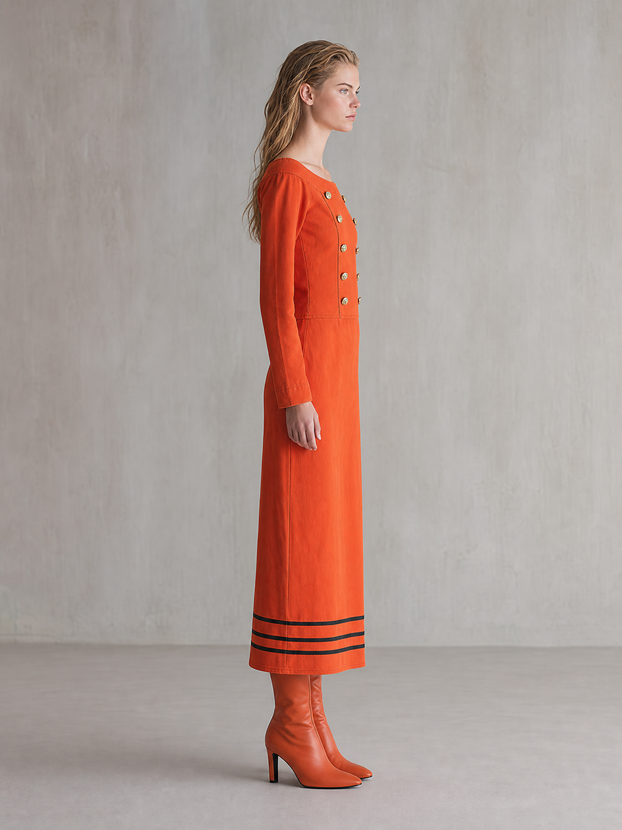 Retro Orange-red Off-shoulder Double-breasted Nautical-style Long Denim Dress