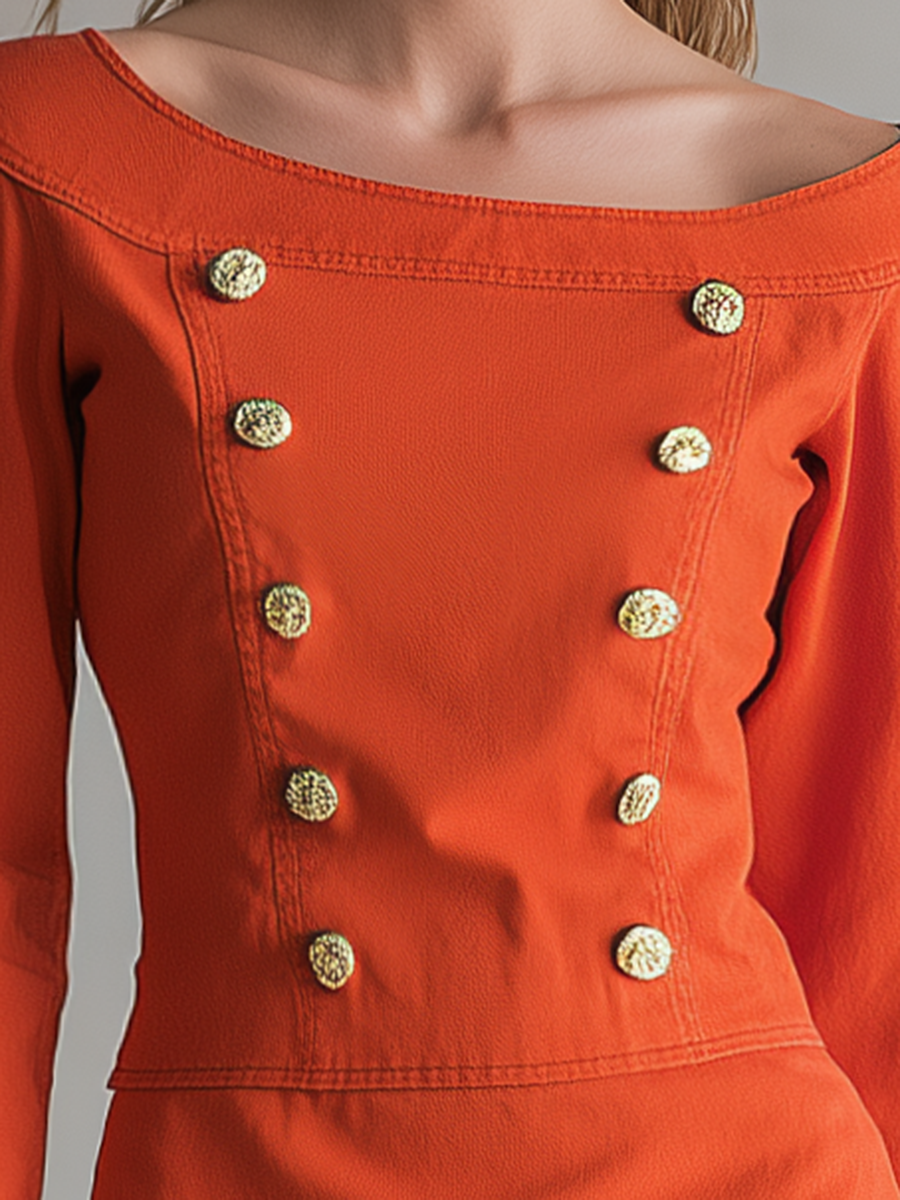 Retro Orange-red Off-shoulder Double-breasted Nautical-style Long Denim Dress