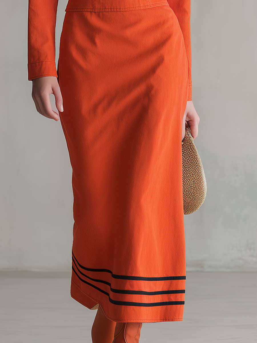 Retro Orange-red Off-shoulder Double-breasted Nautical-style Long Denim Dress