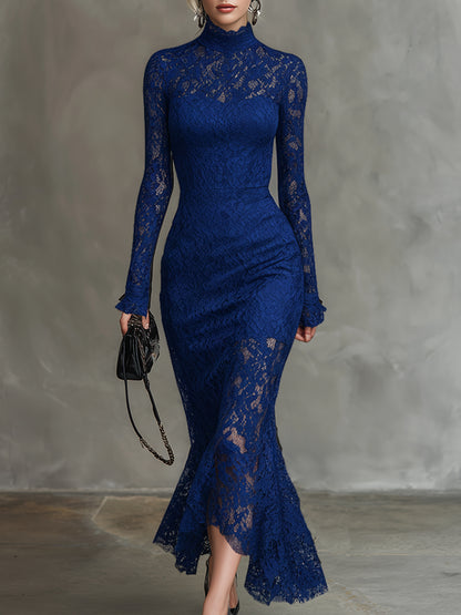 Elegant Party Black Stretch Lace Fishtail Maxi Dress