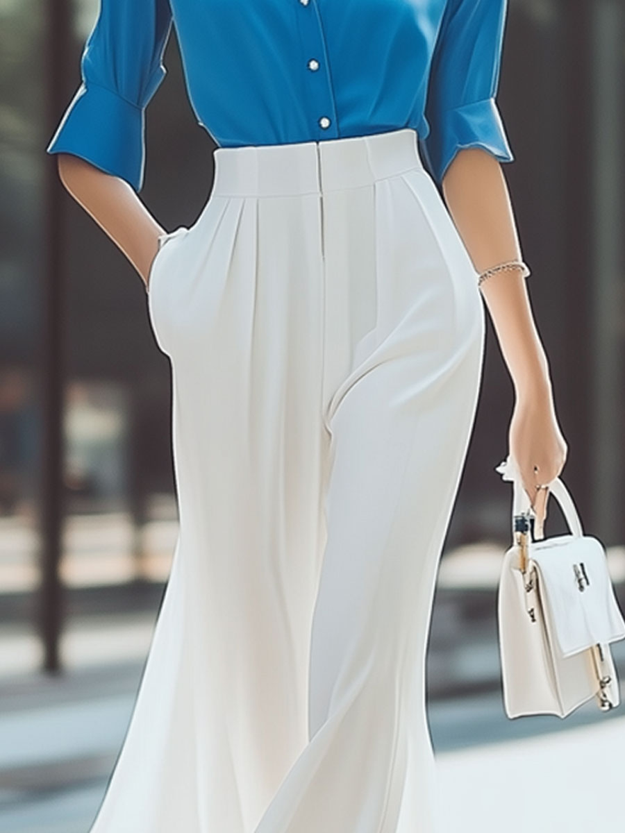 Fashion Holiday White Chiffon High Waist Flared Pants