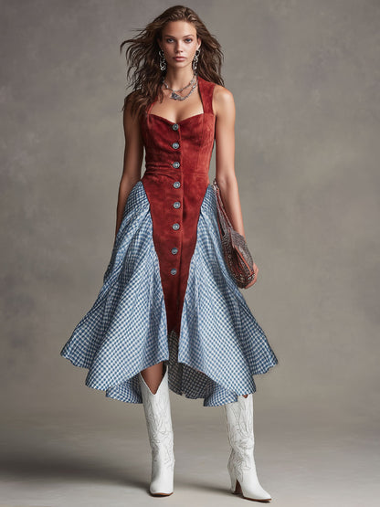Western-style Retro Plaid Chiffon Red Faux Suede Sleeveless Midi Dress