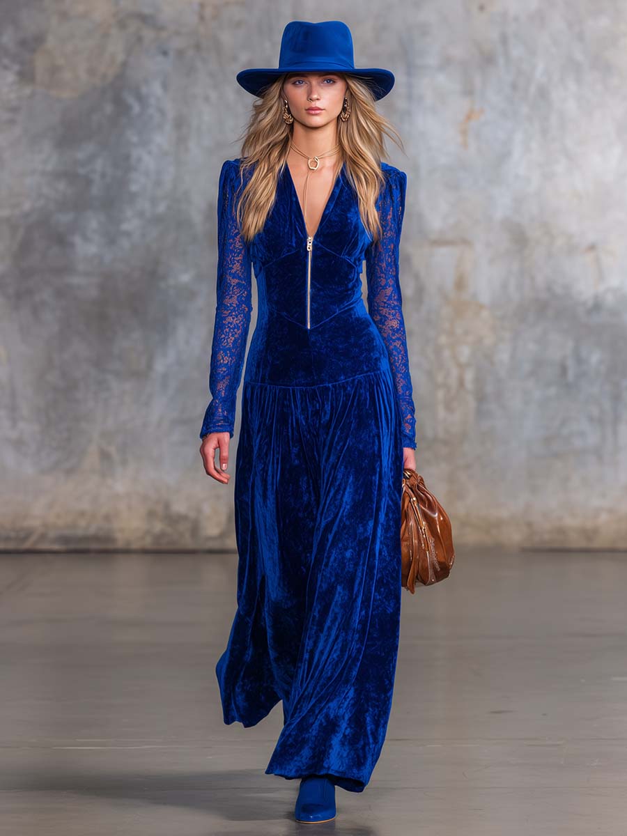 Elegant Retro V-neck Front Zipper Lace Long-sleeved Royal Blue Velvet Maxi Dress