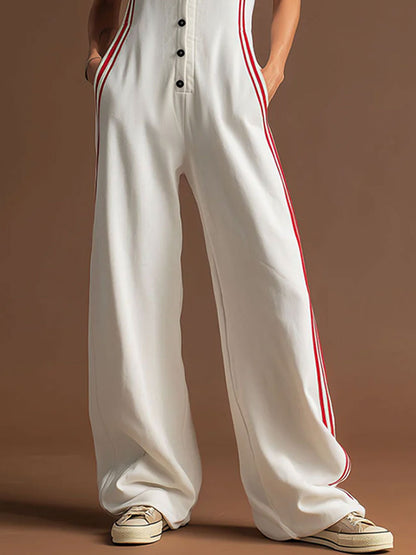 Sporty Retro Red Ribbon White Cotton Sleeveless Jumpsuit