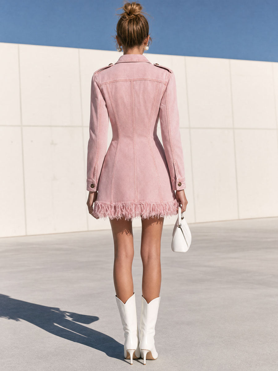 Fashionable Retro Military Style Pink Denim Tassel Long-sleeved Mini Dress