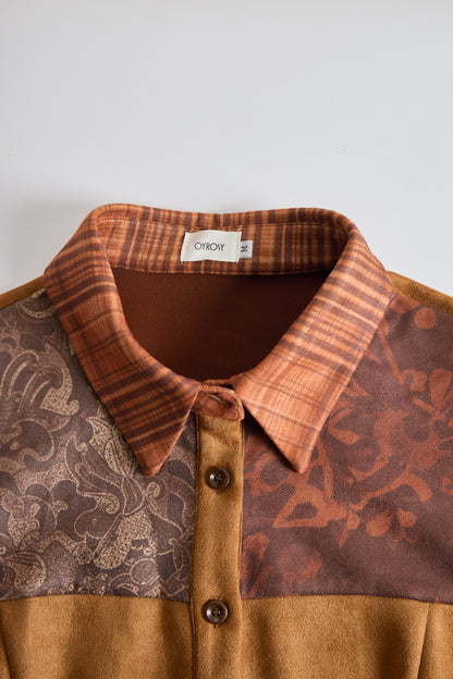 Western Retro Lace-Up Plaid Patchwork Caramel Faux Suede Maxi Dress