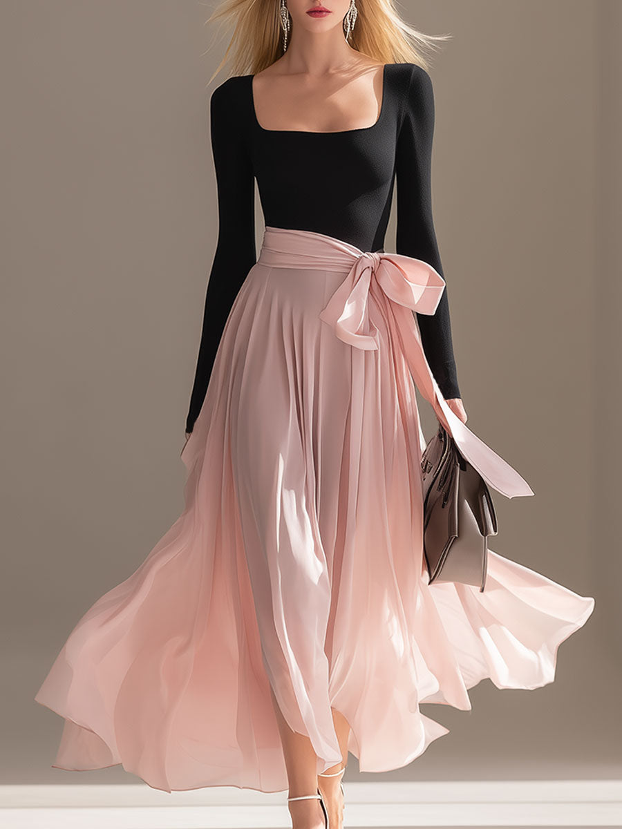 Stylish And Elegant Black Top And Pink Chiffon Skirt Set