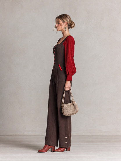 Retro Dark-coffee Square-neck Red-button Contrast-color-sleeve Fitted Wide-leg Jumpsuit