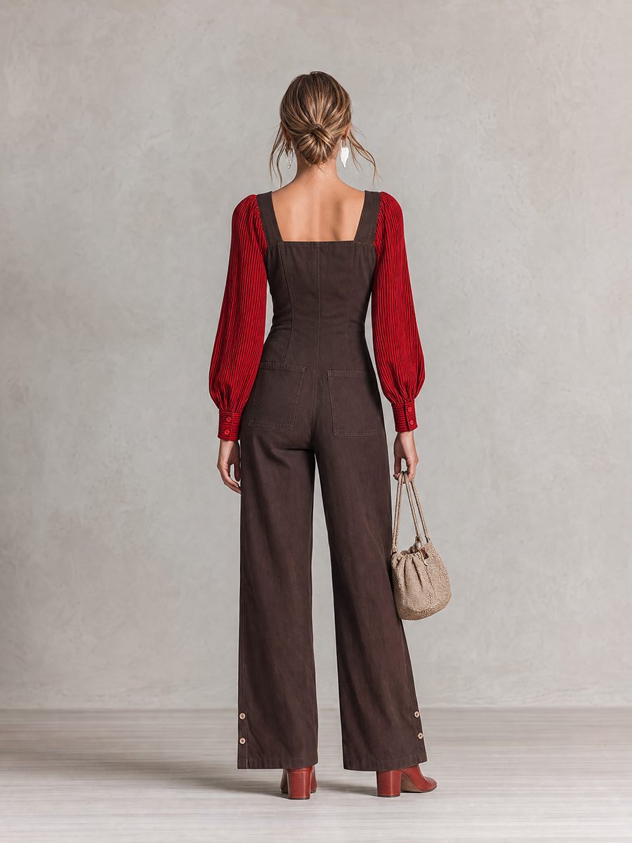 Retro Dark-coffee Square-neck Red-button Contrast-color-sleeve Fitted Wide-leg Jumpsuit