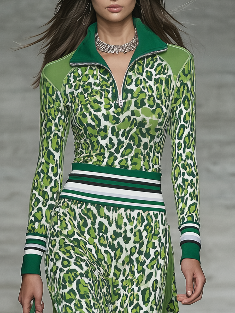 Sporty Retro Zip-up Collar Patchwork Leopard Print Midi Dress