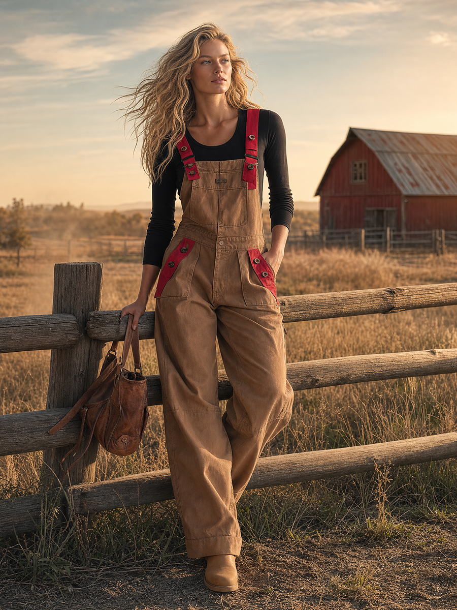 Retro American-style Adjustable-strap Red-paneled Big-pocket Wide-leg Jumpsuit