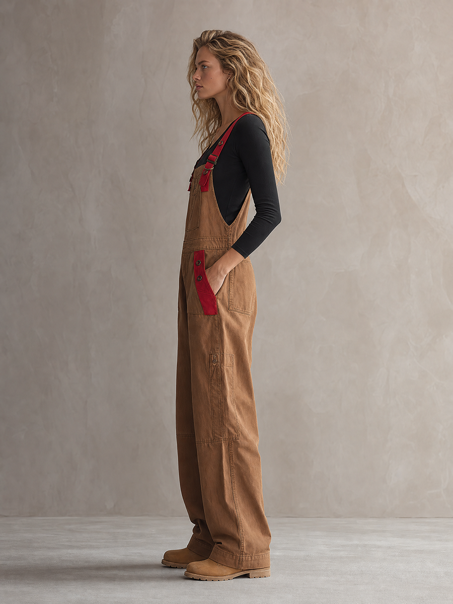 Retro American-style Adjustable-strap Red-paneled Big-pocket Wide-leg Jumpsuit