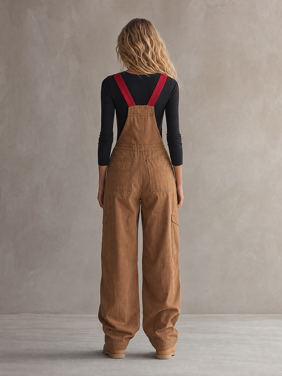 Retro American-style Adjustable-strap Red-paneled Big-pocket Wide-leg Jumpsuit