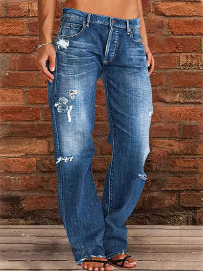 Loose Casual Pocket Elastic Waist Vintage Ripped Jeans