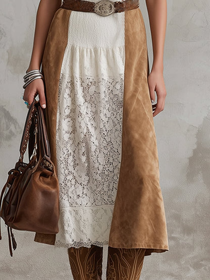 Vintage Western-style White Lace Patchwork Camel Faux Suede Wide-strap Midi Dress