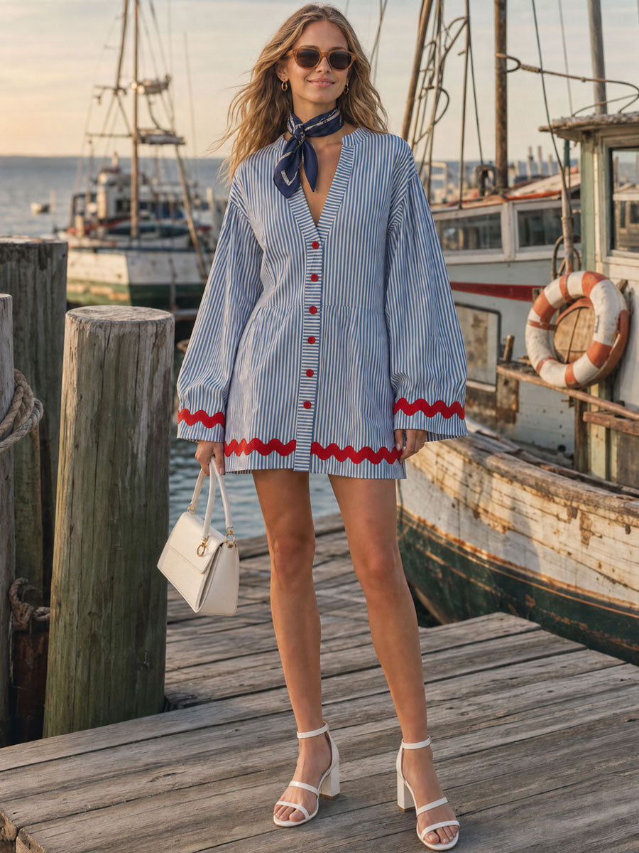 Fashionable Retro Red Wavy Ribbon Long-sleeved Blue Cotton Linen Mini Dress