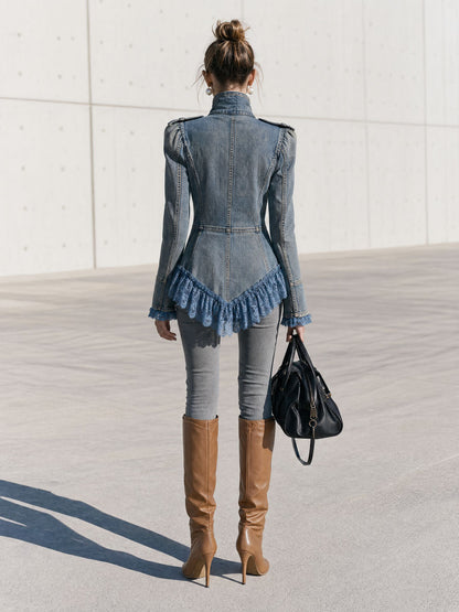 Western Vintage Military Style Lace Ruffled Faded Denim Jacket