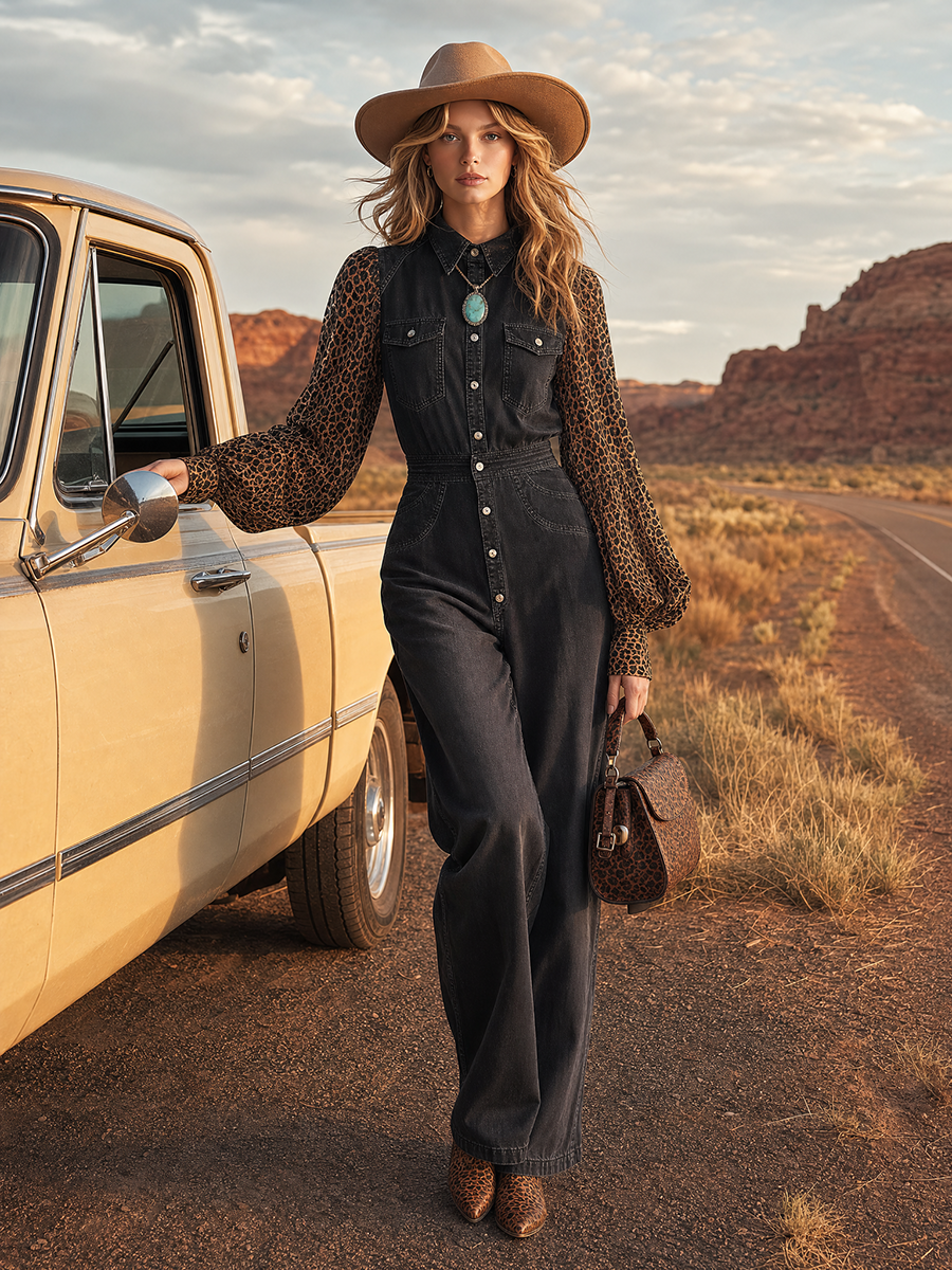 Western-style Leopard-print Chiffon-sleeve Button-front Fitted Wide-leg Denim Jumpsuit