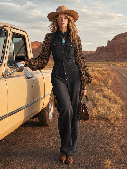 Western-style Leopard-print Chiffon-sleeve Button-front Fitted Wide-leg Denim Jumpsuit