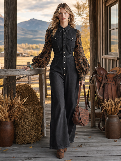 Western-style Leopard-print Chiffon-sleeve Button-front Fitted Wide-leg Denim Jumpsuit