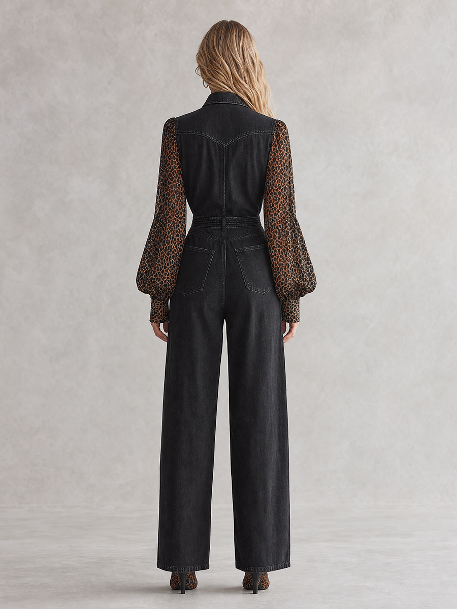 Western-style Leopard-print Chiffon-sleeve Button-front Fitted Wide-leg Denim Jumpsuit