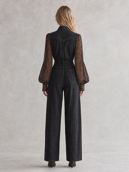 Western-style Leopard-print Chiffon-sleeve Button-front Fitted Wide-leg Denim Jumpsuit