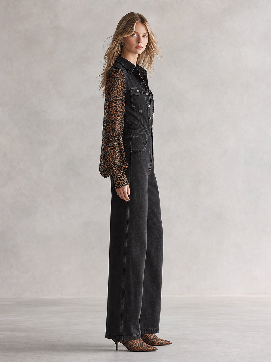 Western-style Leopard-print Chiffon-sleeve Button-front Fitted Wide-leg Denim Jumpsuit