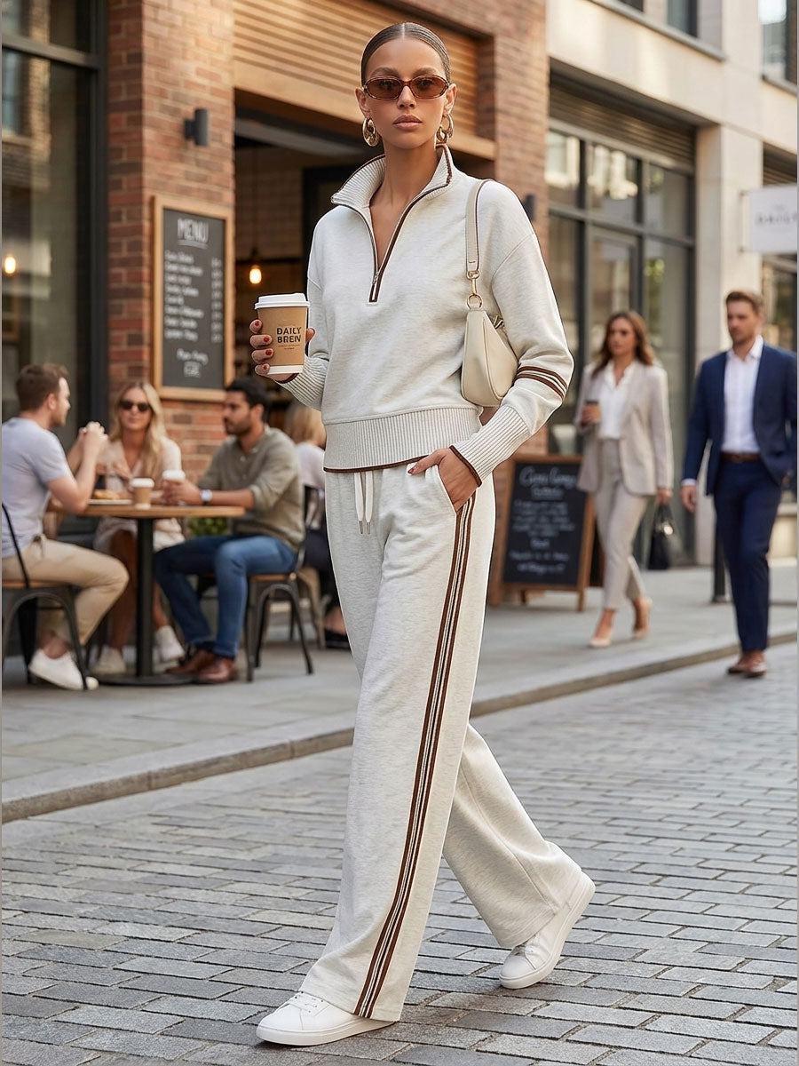 Retro Sporty Webbing Grey-white Half-zip Sweatshirt And Wide-leg Pants Set