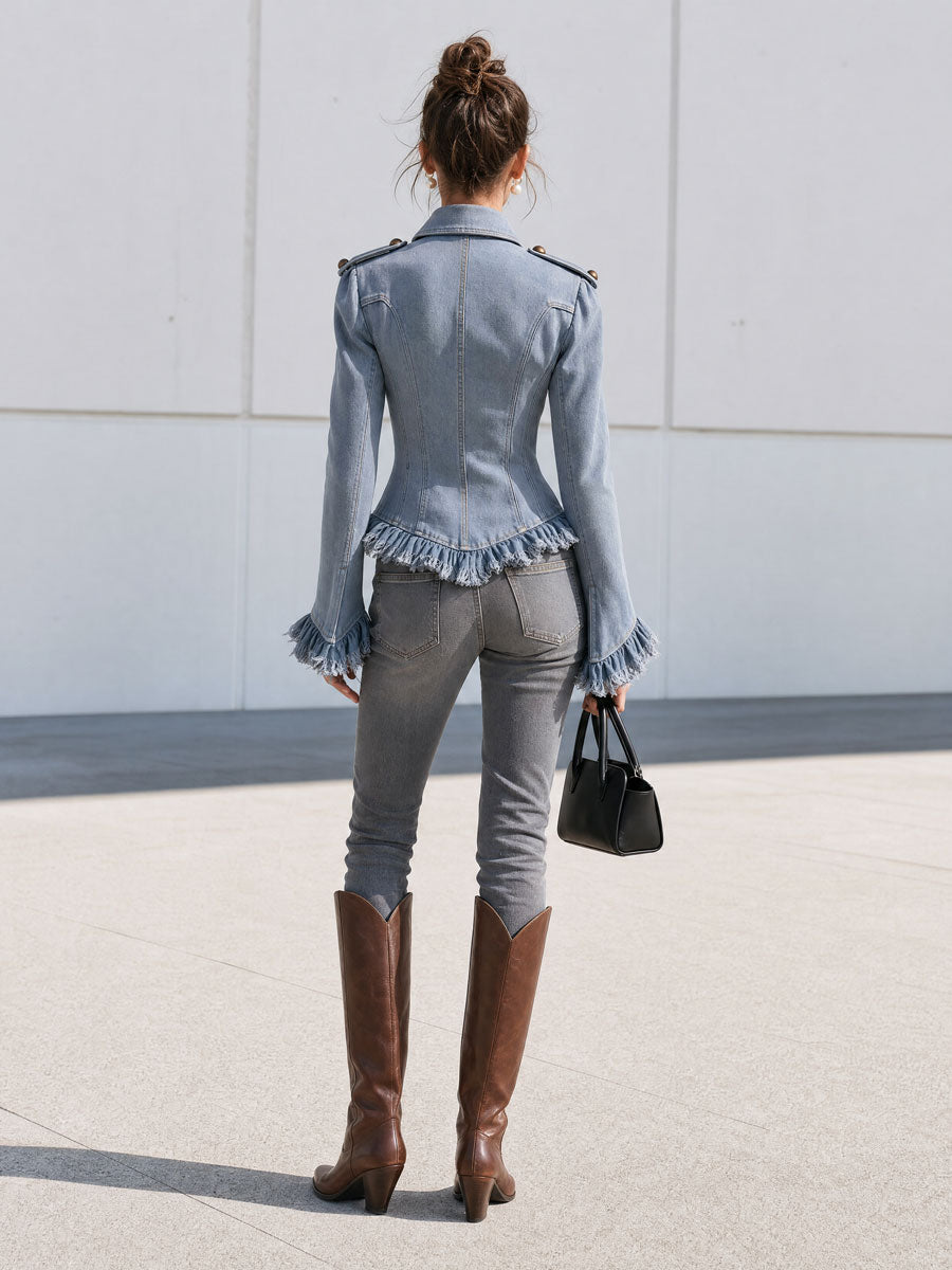 Western Retro Military Style Frayed Ruffled Faded Light Blue Denim Jacket