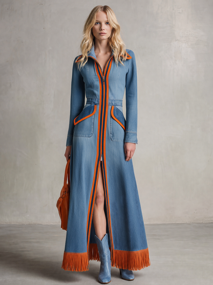 Retro Striped Piped Zip Belted Big-pocket Slit Long Denim Dress