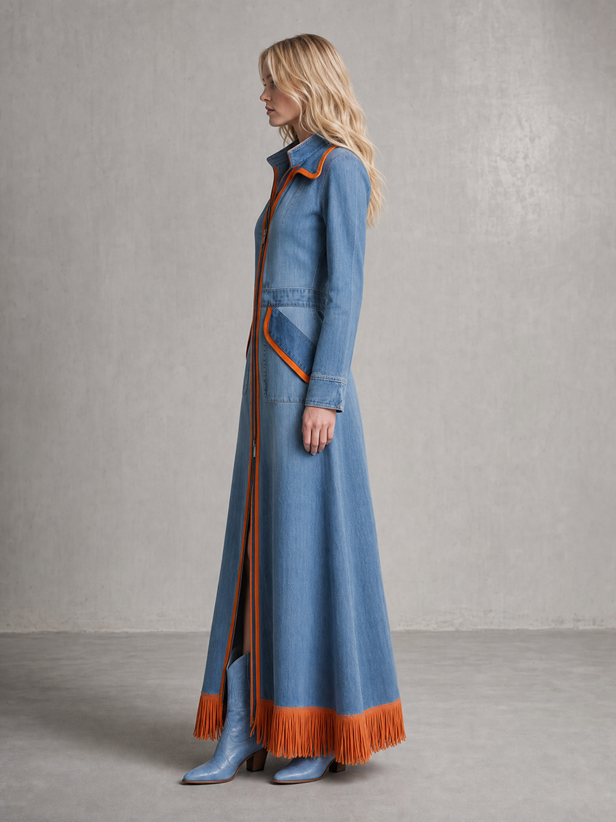 Retro Striped Piped Zip Belted Big-pocket Slit Long Denim Dress